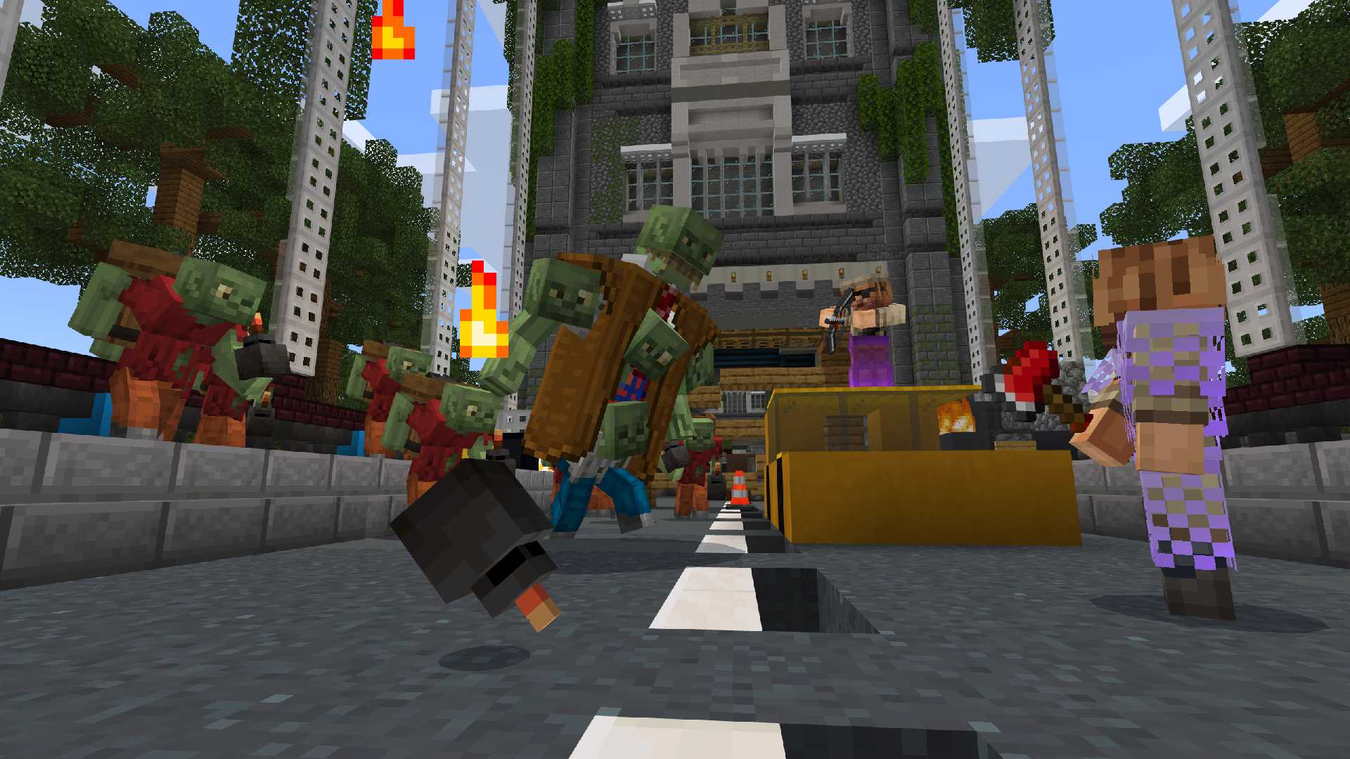 Zombies screenshot showing players on the street fighting a horde of zombies