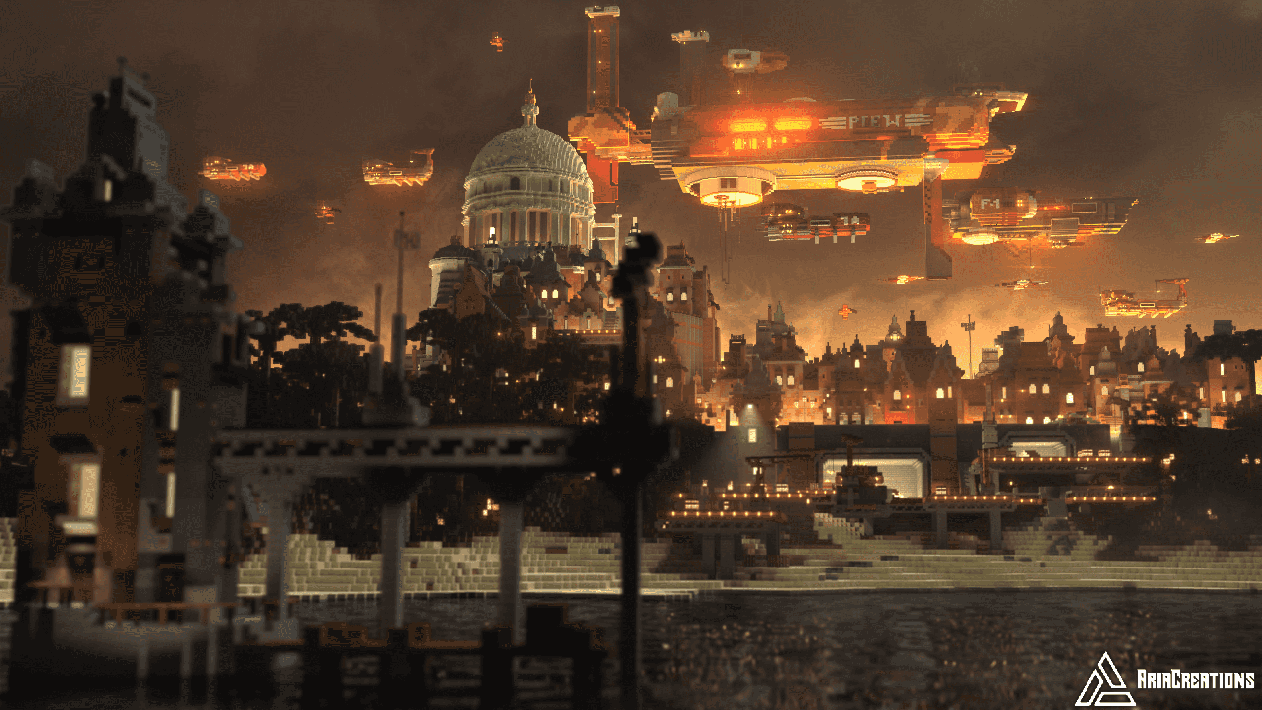 Render of a beach at night with futuristic buildings on it and starships hovering above it